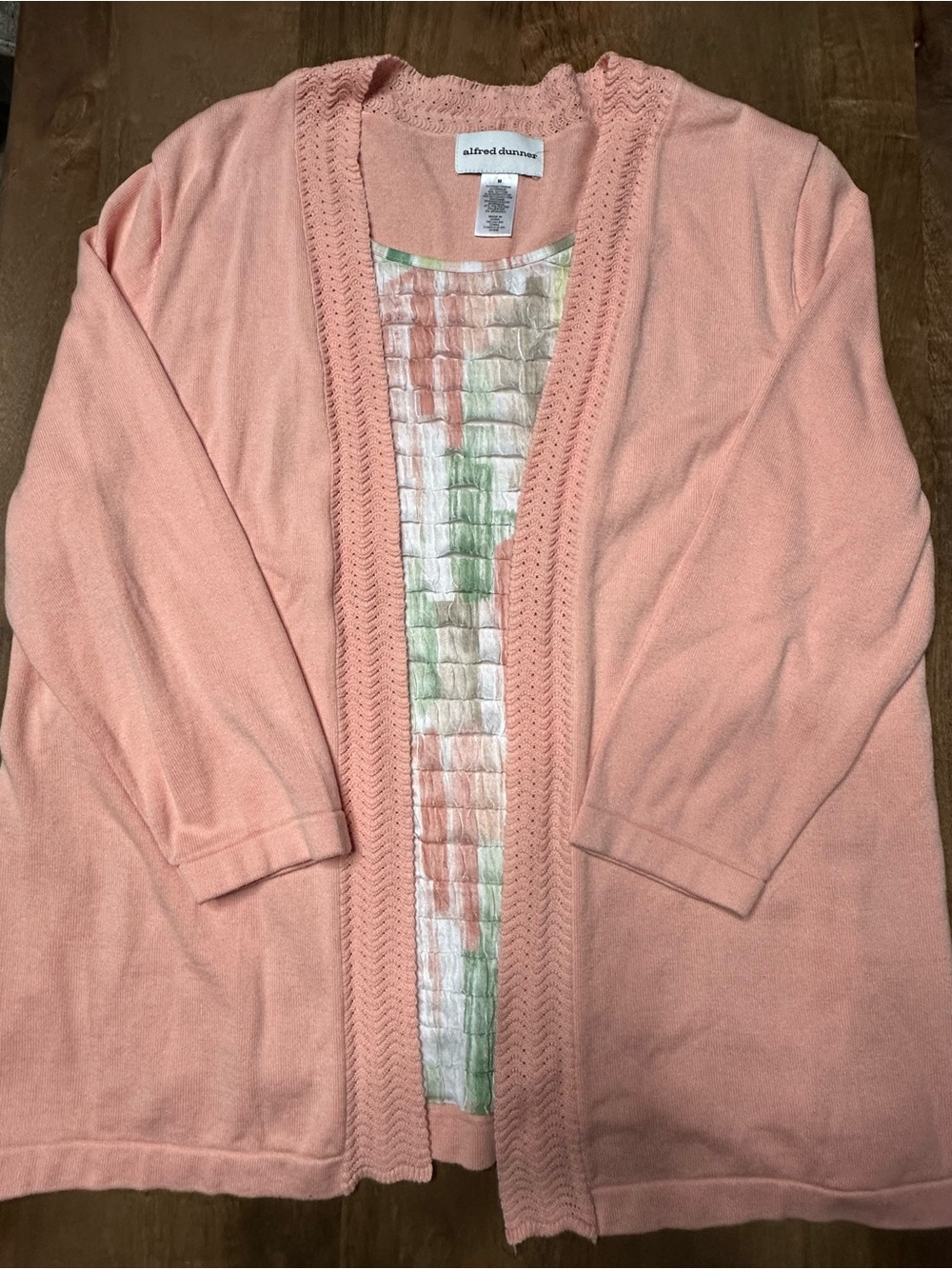 Alfred Dunner Peach Open-Front Cardigan with Watercolor Panel